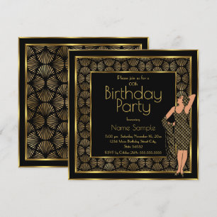 Elegant Birthday Party Black Gold Art Deco Lady 2 Invitation