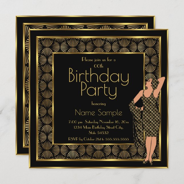 Elegant Birthday Party Black Gold Art Deco Lady 2 Invitation (Front/Back)