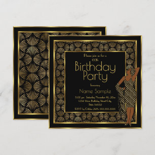 Elegant Birthday Party Black Gold Art Deco Lady Invitation