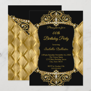 Elegant Birthday Party Black Gold Faux Diamond Invitation