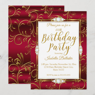 Elegant Birthday Party Burgundy Red Gold Diamond  Invitation