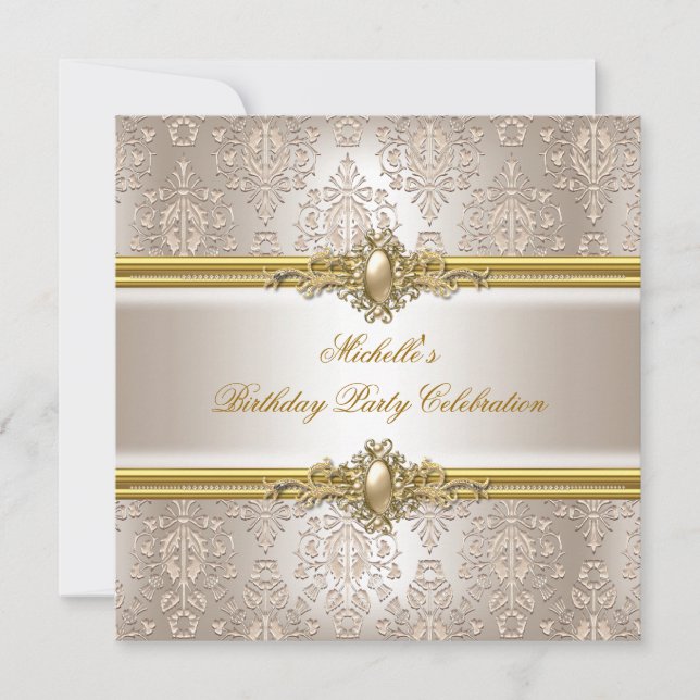 Elegant Birthday Party Damask Cream Gold Pearl 2 Invitation (Front)