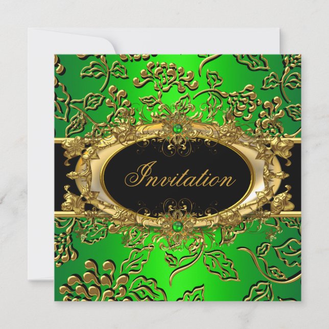 Elegant Birthday Party Damask Lime Green Gold Invitation (Front)