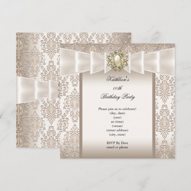 Elegant Birthday Party Damask Pearl Cream Invitation (Front/Back)