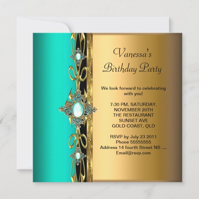 Elegant Birthday Party Damask Teal Green Blue Gold Invitation (Front)
