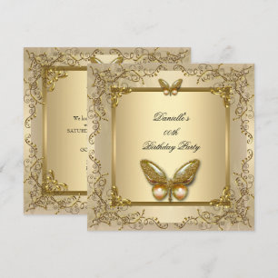Elegant Birthday Party Gold Beige Butterfly Invitation