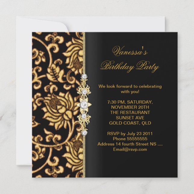 Elegant Birthday Party Gold Black Brocade Invitation (Front)