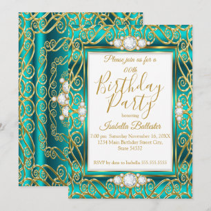 Elegant Birthday Party Gold Teal Jade Diamond Invitation