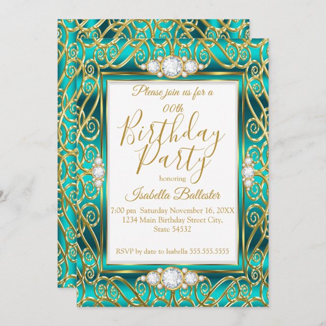 Elegant Birthday Party Gold Teal Jade Diamond Invitation (Front/Back)