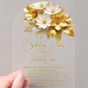 Elegant Birthday Party Gold White Flowers Floral Acrylic Invitations