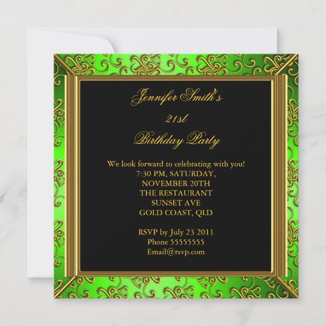 Elegant Birthday Party Lime Green Black Gold Invitation (Front)
