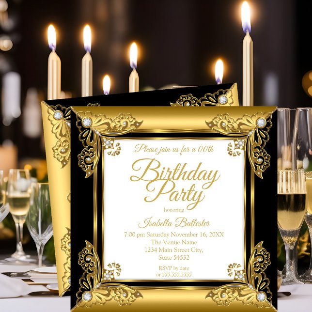 Elegant Birthday Party Ornate Black Gold Diamond Invitation (Creator Uploaded)