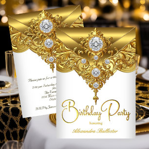 Elegant Birthday Party Ornate White Gold Diamond Invitation