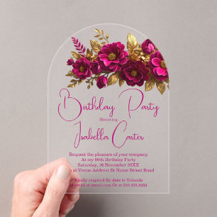 Elegant Birthday Party Pink Gold Flowers Acrylic Invitations