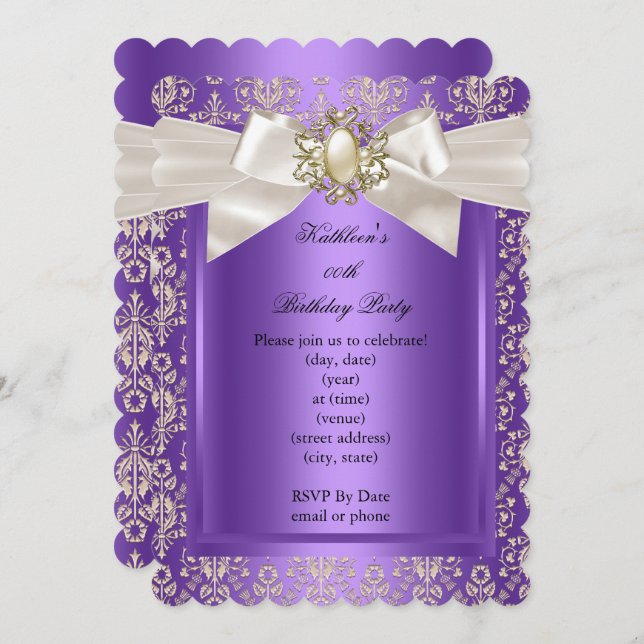 Elegant Birthday Party Purple Damask Pearl SCALL Invitation (Front/Back)