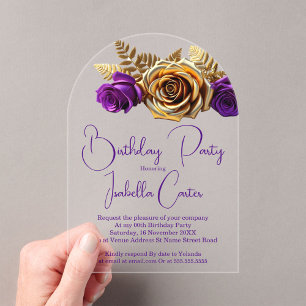 Elegant Birthday Party Purple Gold Flowers Acrylic Invitations