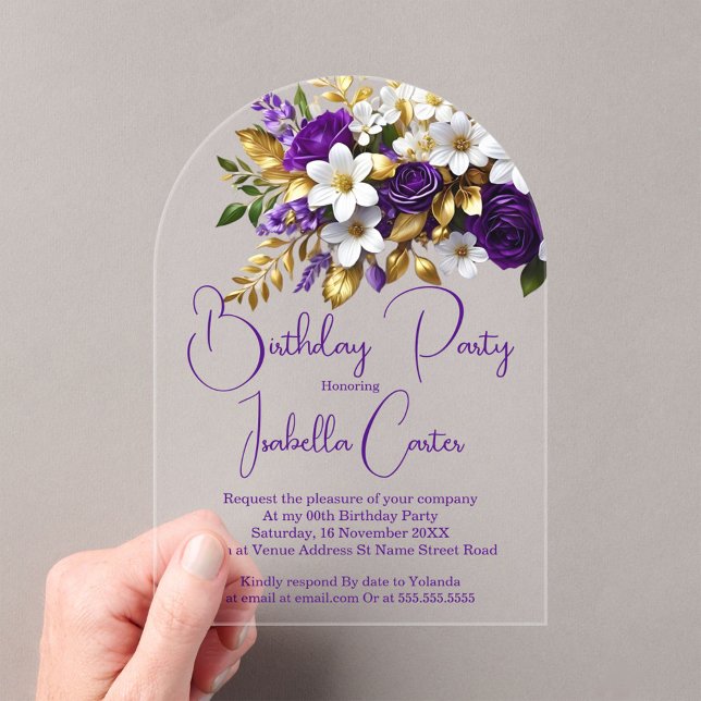 Elegant Birthday Party Purple White Gold Floral Acrylic Invitations (Creator Uploaded)