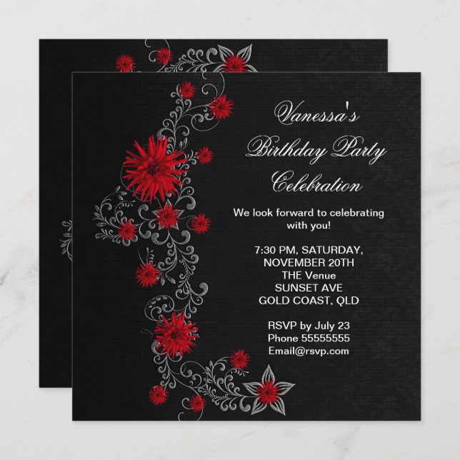 Elegant Birthday Party Red Black Silver Floral Invitation (Front/Back)