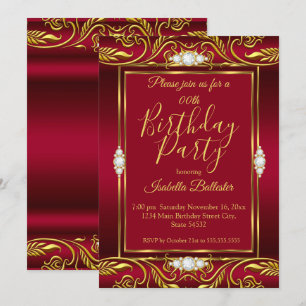 Elegant Birthday Party Red Burgundy Gold Jewels Invitation