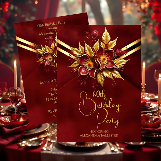Elegant Birthday Party Red Floral Faux Velvet Gold Invitation (Creator Uploaded)