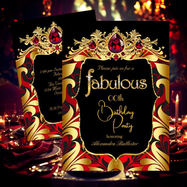Elegant Birthday Party Red Gold Black Damask Gems Invitation (Creator Uploaded)