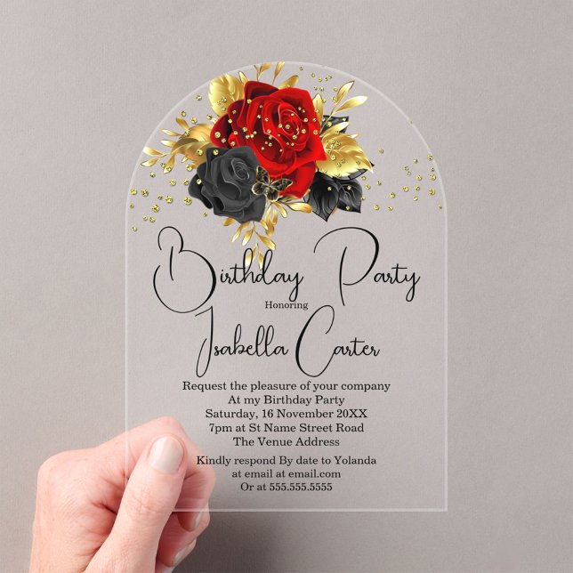 Elegant Birthday Party Red Gold Black Flowers Acrylic Invitations (Creator Uploaded)