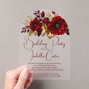 Elegant Birthday Party Red Gold Flowers Acrylic Invitations