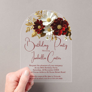 Elegant Birthday Party Red White Gold Flowers Acrylic Invitations