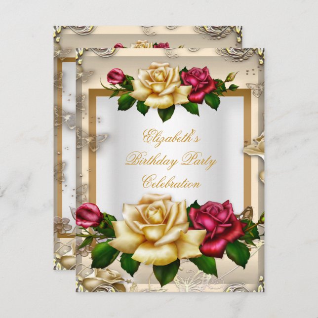 Elegant Birthday Party Roses White Gold Red Cream Invitation (Front/Back)