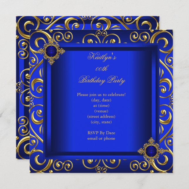 Elegant Birthday Party Royal Blue Damask Gold Invitation (Front/Back)