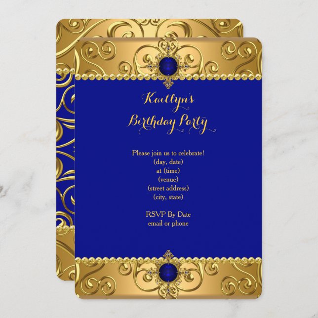 Elegant Birthday Party Royal Blue Damask Gold R Invitation (Front/Back)