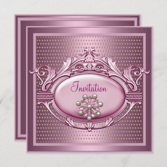 Elegant  Birthday Party Satin Pink Pearl Jewel Invitation (Front/Back)