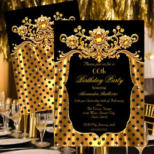 Elegant Birthday Party Silk Gold Black Polka Dots Invitation