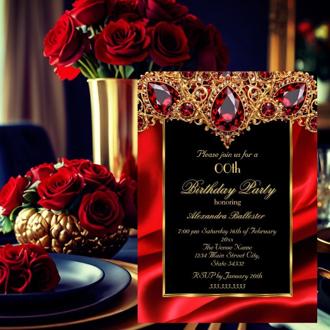 Elegant Birthday Party Silk Regal Red jewel Gold Invitation (Creator Uploaded)