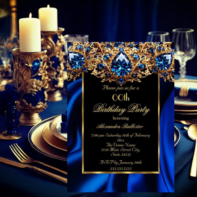 Elegant Birthday Party Silk Royal blue jewel Gold Invitation (Creator Uploaded)