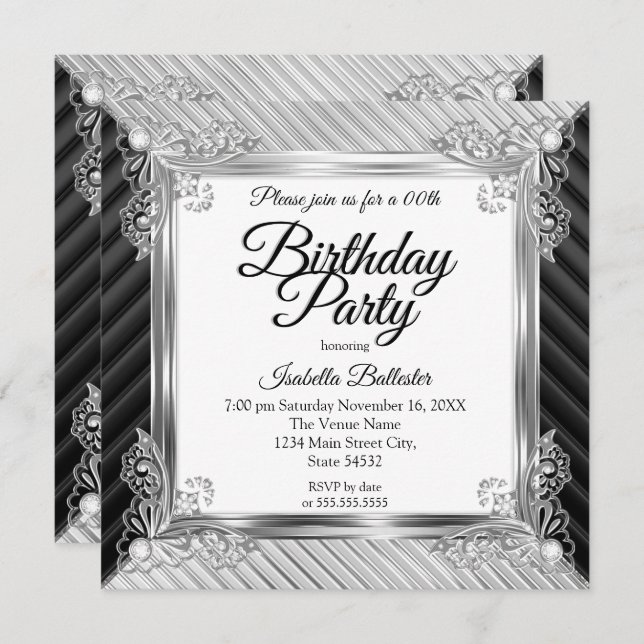 Elegant Birthday Party Silver Chrome Black Diamond Invitation (Front/Back)