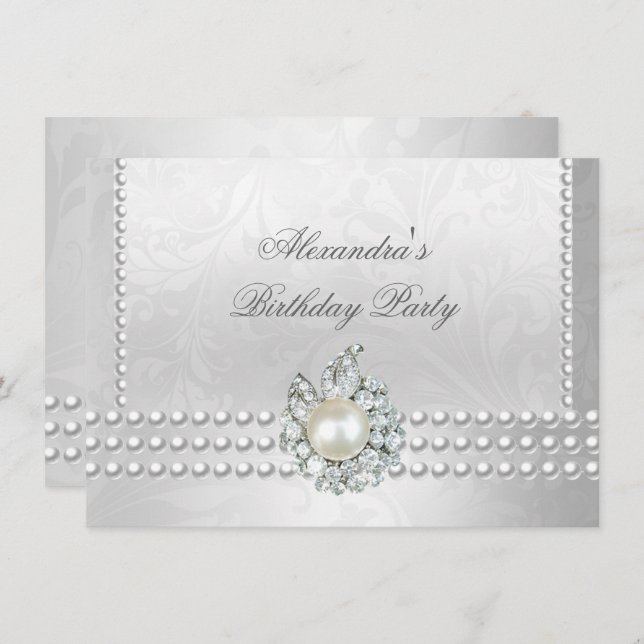 Elegant Birthday Party Silver White Diamond Pearls Invitation (Front/Back)