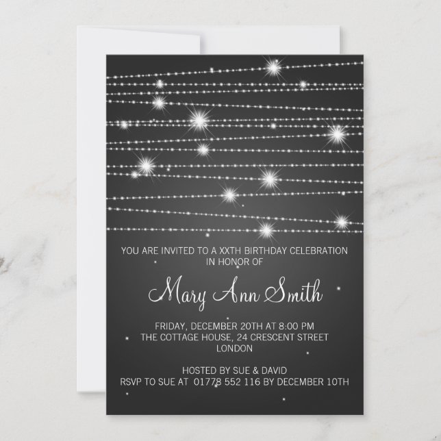 Elegant Birthday Party Sparkling Lines Black Invitation (Front)
