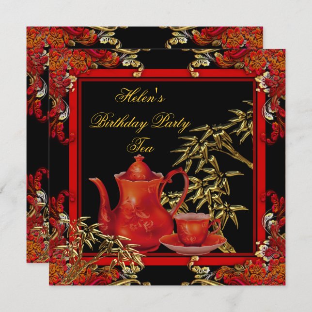 Elegant Birthday Party Tea Red Gold Bamboo Invitation (Front/Back)