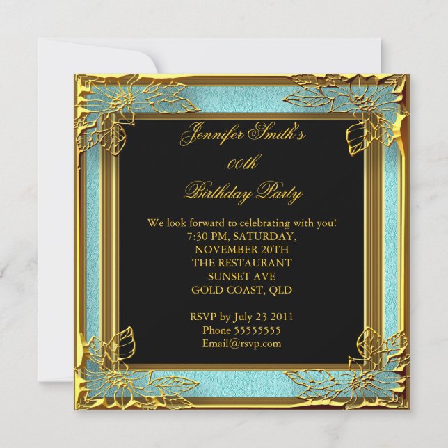 Elegant Birthday Party Teal Blue Black Gold Invitation (Front)