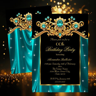Elegant Birthday Party Teal Blue Silk Gold Gems Invitation