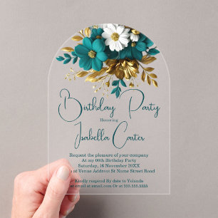 Elegant Birthday Party Teal White Gold Flowers Acrylic Invitations