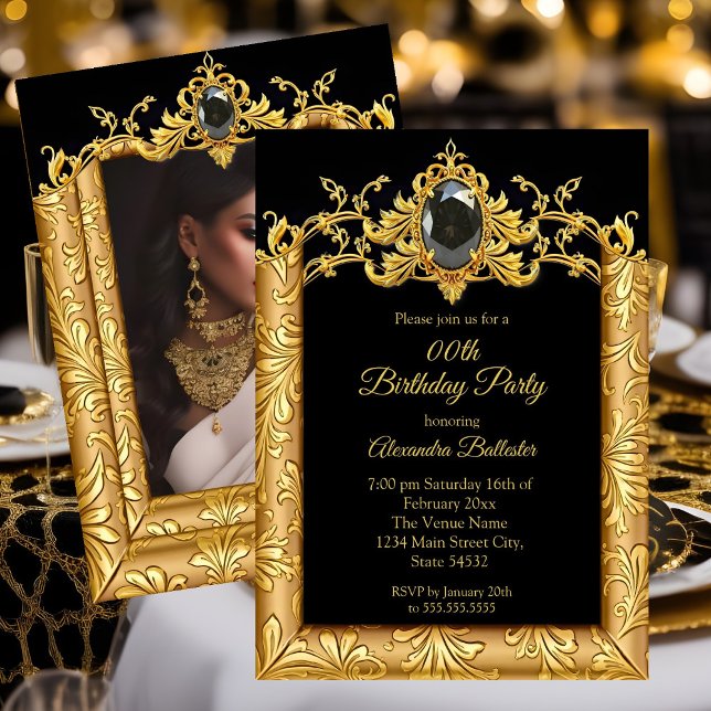 Elegant Birthday Photo Black Gold Golden Damask Invitation (Creator Uploaded)
