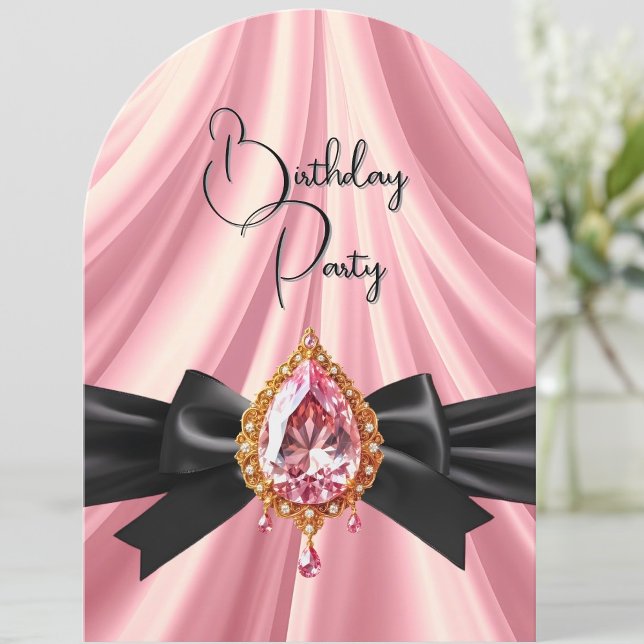 Elegant Birthday Pink Gold Black Jewel Bow Invitation (Creator Uploaded)
