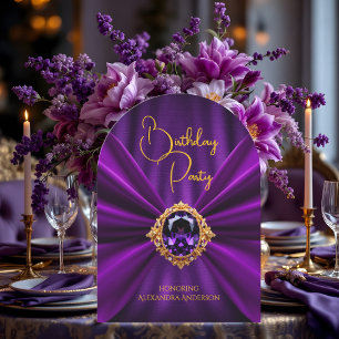 Elegant Birthday Purple Gold Jewel Faux Silk Invitation