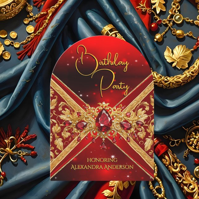 Elegant Birthday Red Gold Jewel Faux Embossed Invitation (Creator Uploaded)