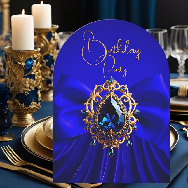 Elegant Birthday Royal Blue Bow Gold Jewel Invitation (Creator Uploaded)