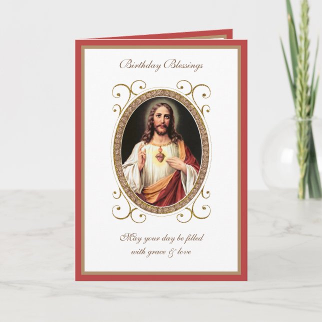Elegant Birthday Sacred Heart  Jesus Vintage Card (Front)