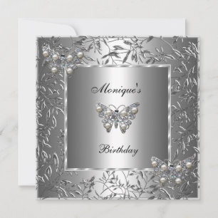 Elegant Birthday Silver Floral Butterfly Jewel 2a Invitation