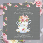 Elegant Birthday Tea Invitation<br><div class="desc">Vintage china tea cups with pretty pink florals set on a grey linen background for a birthday tea party.</div>